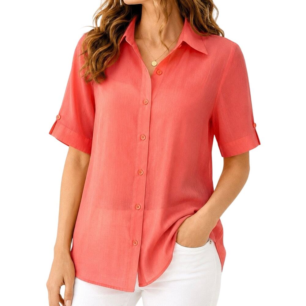 FOXCROFT Plus Size 18 Wrinkle Free Shaped Fit Coral Red/Orange Shirt Top Blouse